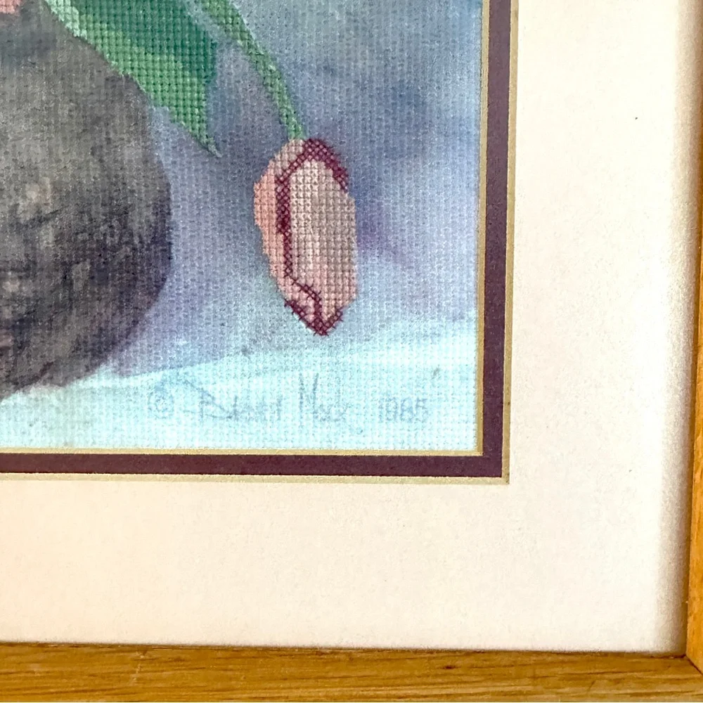 Vtg 1985 Tulip Embroidered Cross Stitch Barbara Mock Signed Floral Print Frame